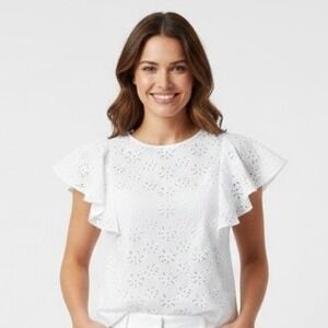 Nanette Lepore Women Shirt L White Eyelet Flutter Sleeve Top Boho Feminine Fairy